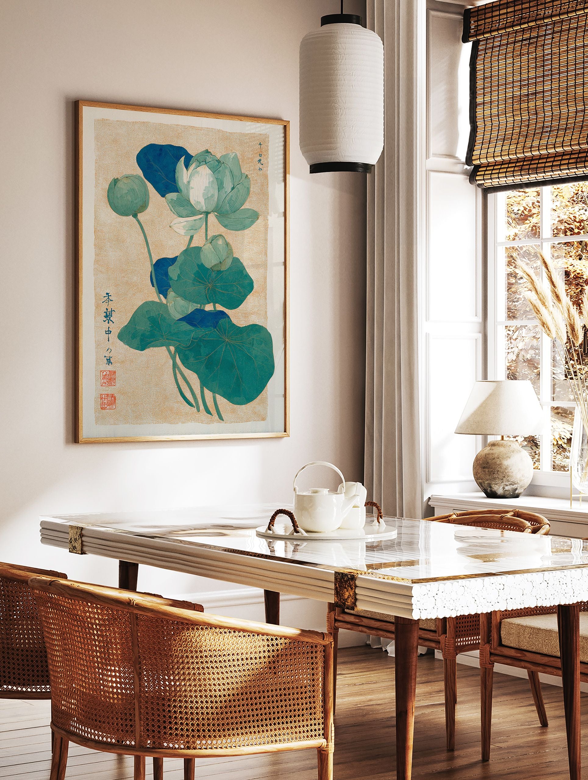 Japanese botanical art print featuring teal and blue lotus flowers and leaves on a textured light brown background, with Japanese script. - Image 2
