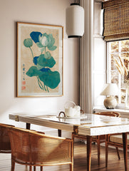 Japanese botanical art print featuring teal and blue lotus flowers and leaves on a textured light brown background, with Japanese script. - Image 2