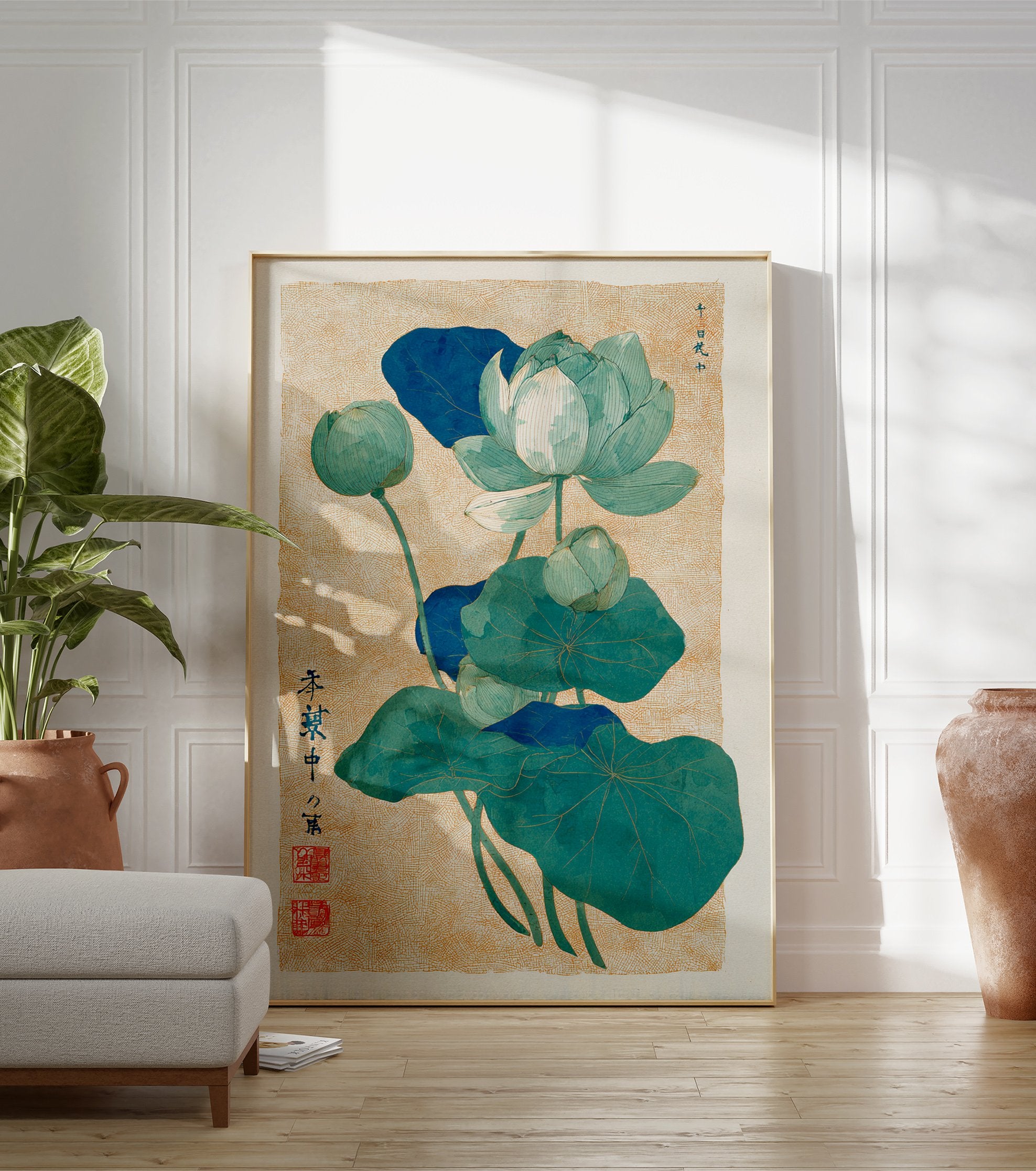 Japanese botanical art print featuring teal and blue lotus flowers and leaves on a textured light brown background, with Japanese script. - Image 3