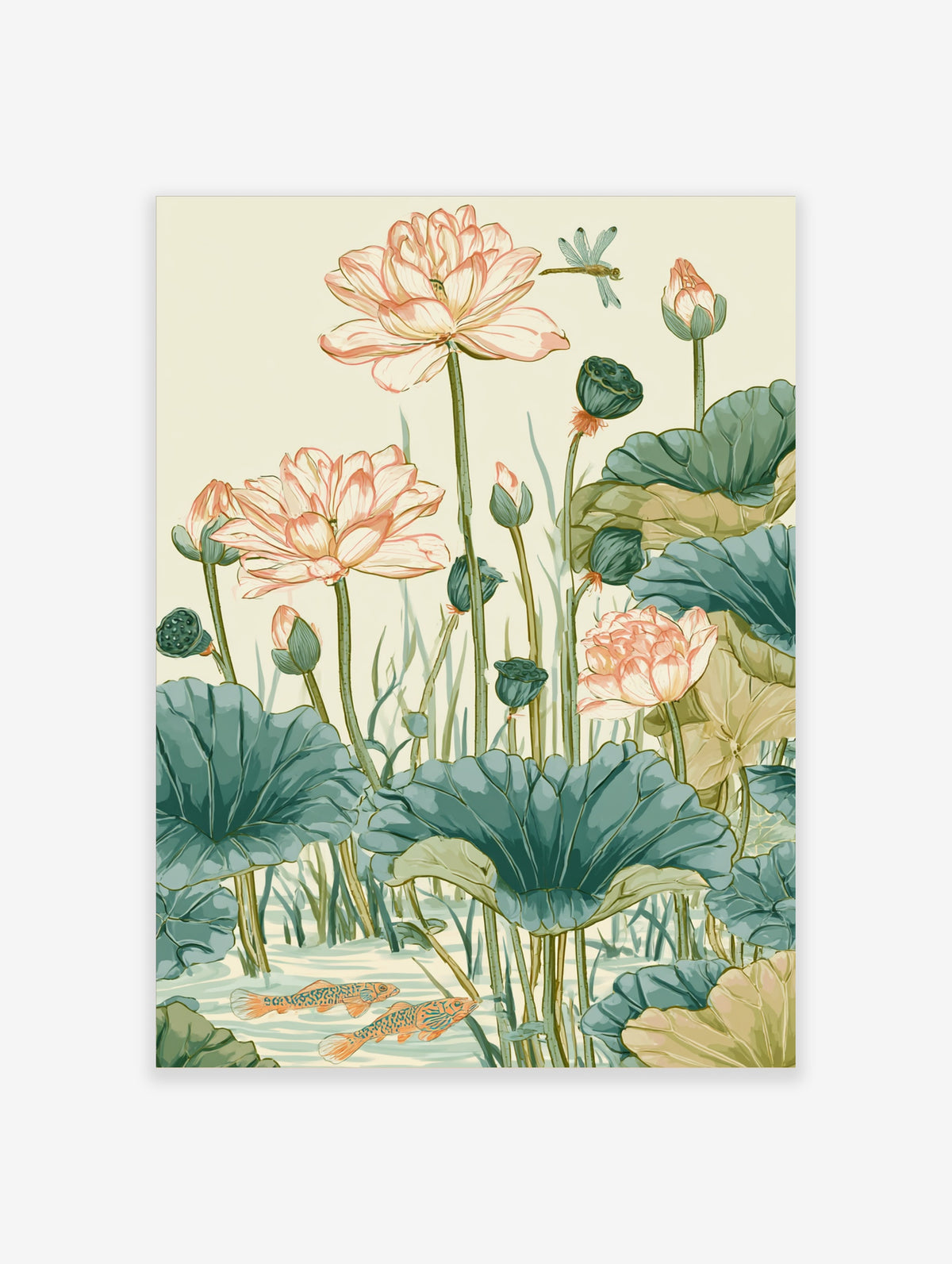Lotus flower art print with pink blossoms, green lily pads, dragonfly and koi fish