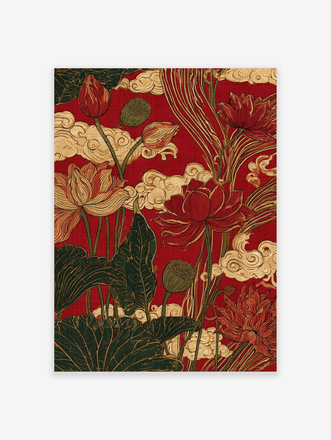 Detailed lotus flower and seed pod illustration with stylized clouds on a textured red background