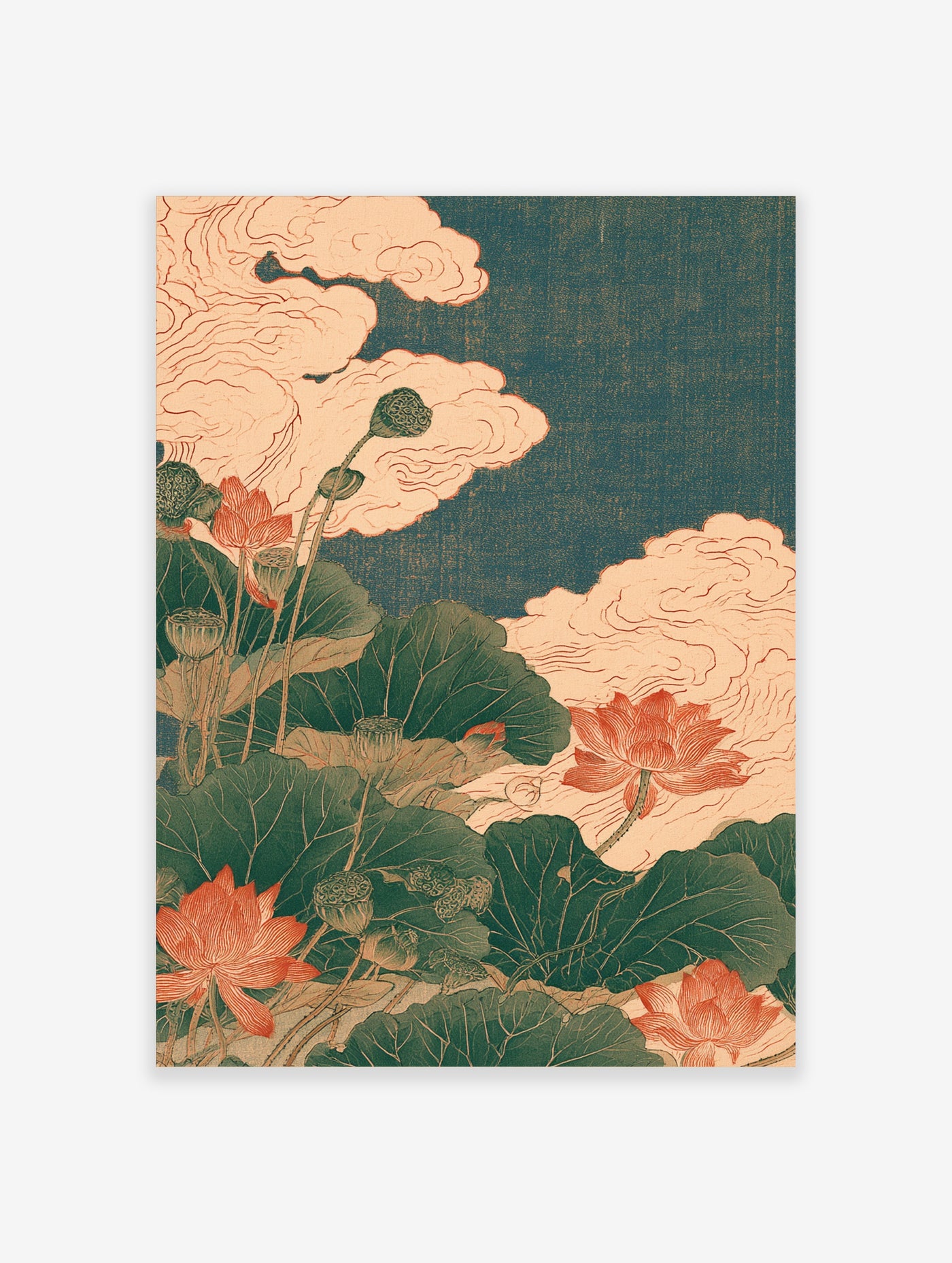 Japanese-style lotus flower wall art print with pink blossoms, green leaves, and clouds on a teal background