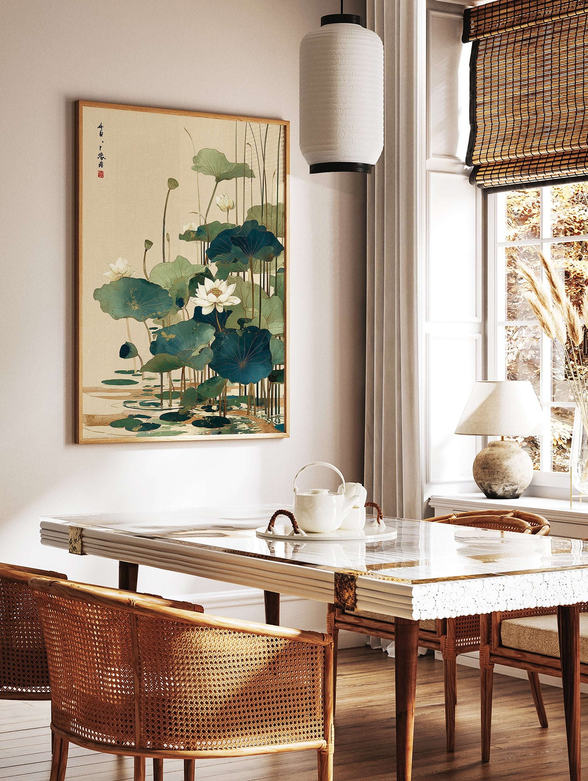 Asian style lotus pond wall art print featuring white lotus flowers, green leaves, and reeds in water with calligraphy. - Image 2