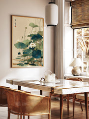 Asian style lotus pond wall art print featuring white lotus flowers, green leaves, and reeds in water with calligraphy. - Image 2