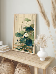 Asian style lotus pond wall art print featuring white lotus flowers, green leaves, and reeds in water with calligraphy. - Image 3