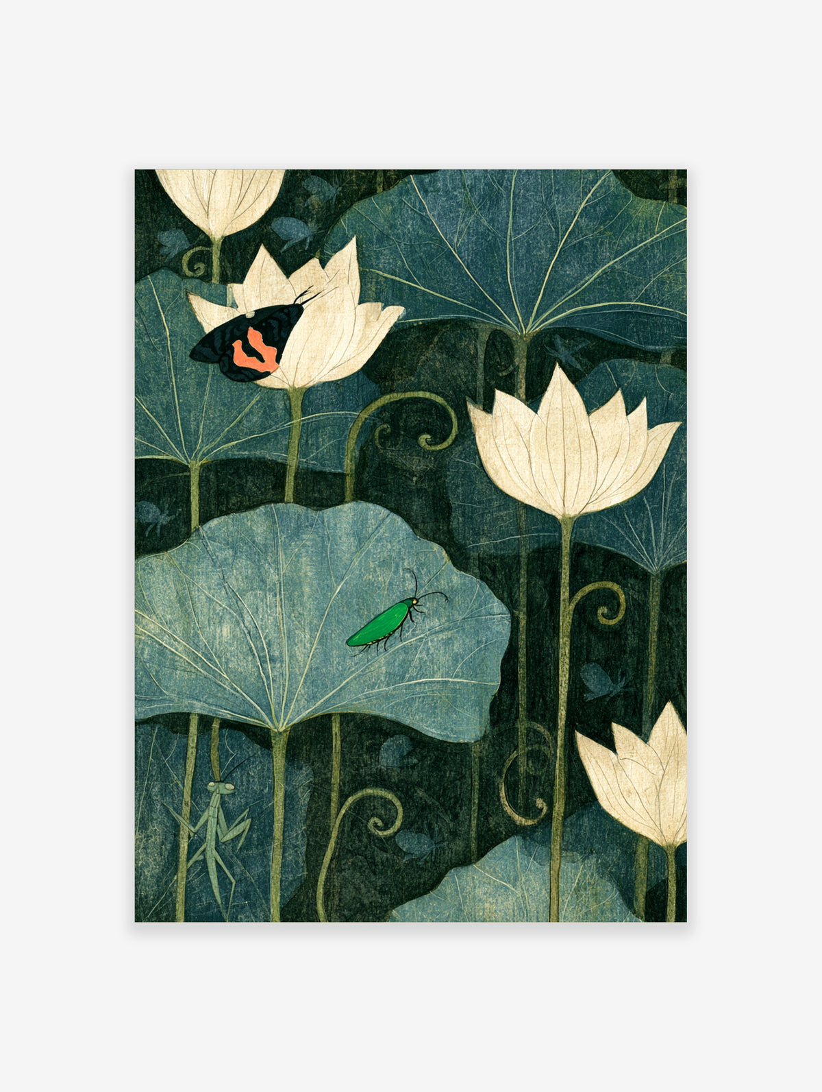 Lotus pond art print with cream flowers, dark green lily pads, butterfly, beetle and praying mantis
