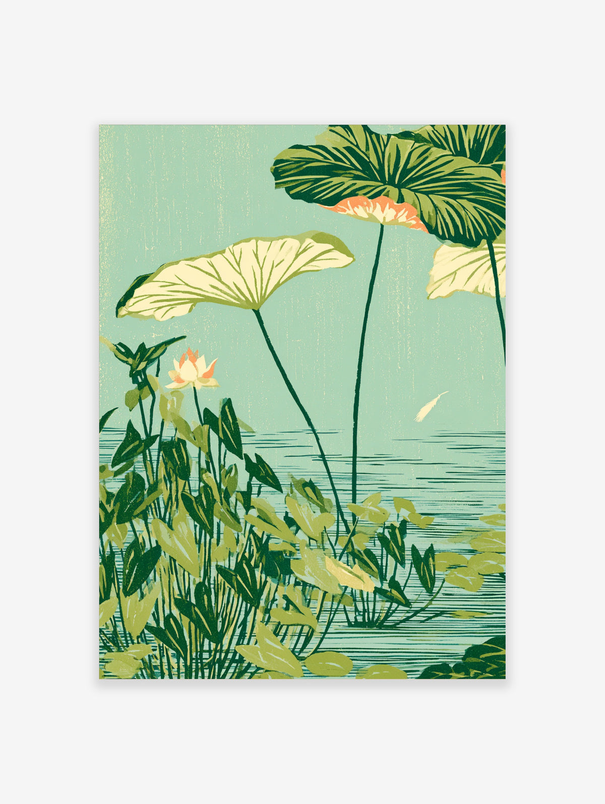 Lotus pond art print with green leaves, pink blossoms, rain lines and a feather on teal background