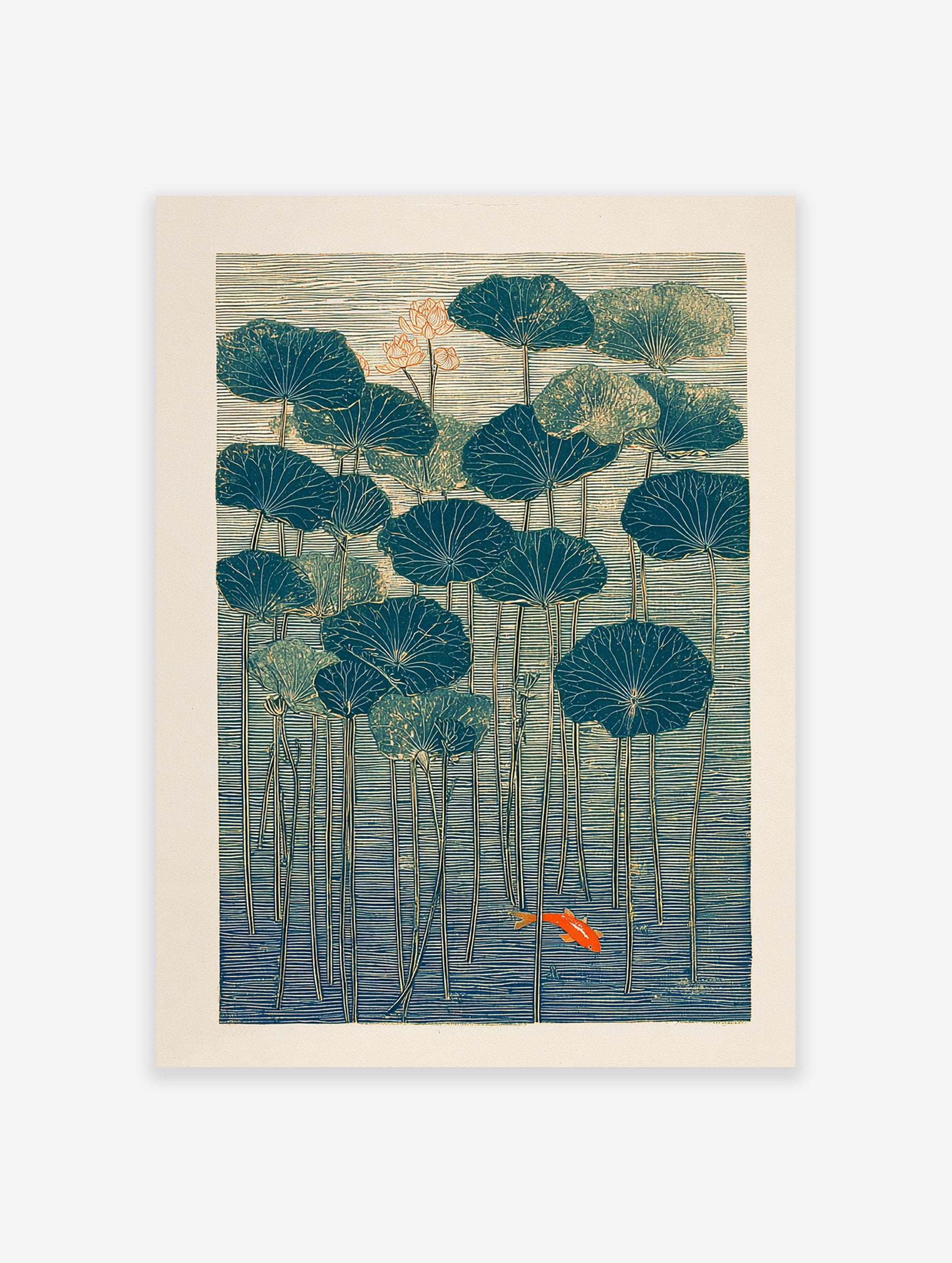 Japanese style lotus pond art print with teal lily pads, orange lotus flowers, and a vivid orange goldfish swimming in blue water.