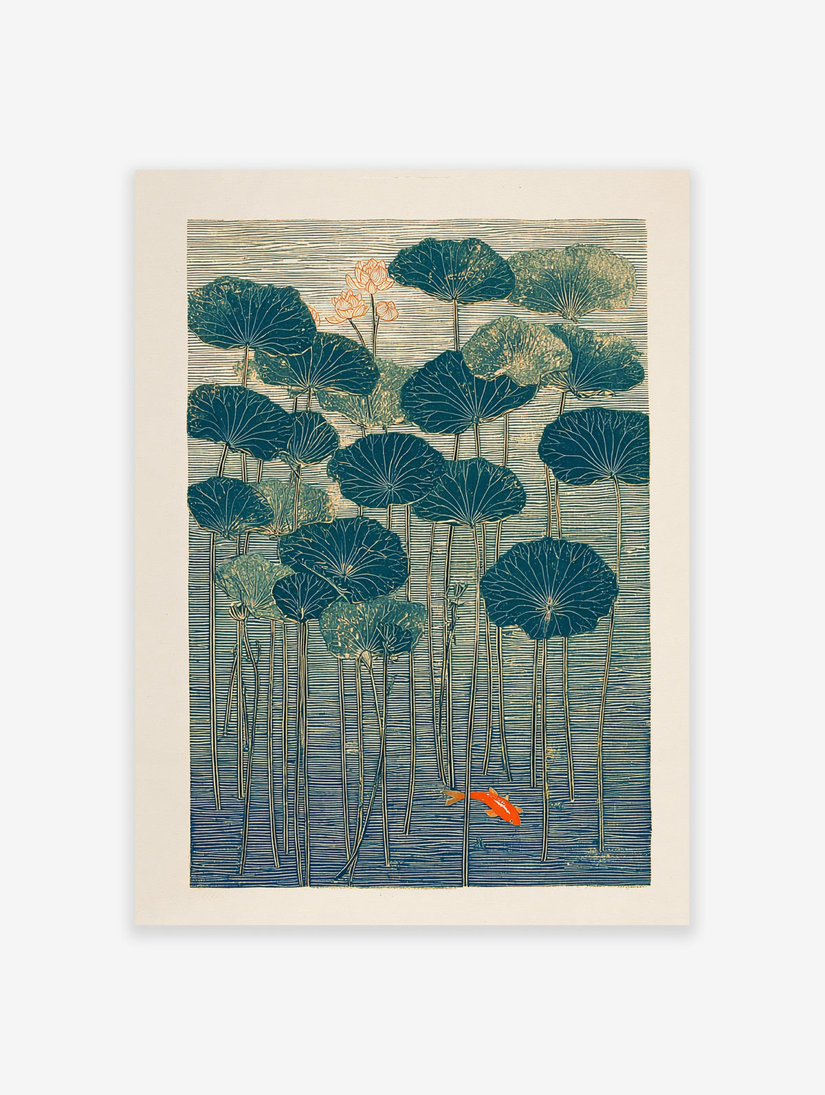 Japanese style lotus pond art print with teal lily pads, orange lotus flowers, and a vivid orange goldfish swimming in blue water.