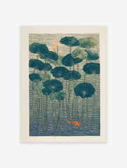 Japanese style lotus pond art print with teal lily pads, orange lotus flowers, and a vivid orange goldfish swimming in blue water.