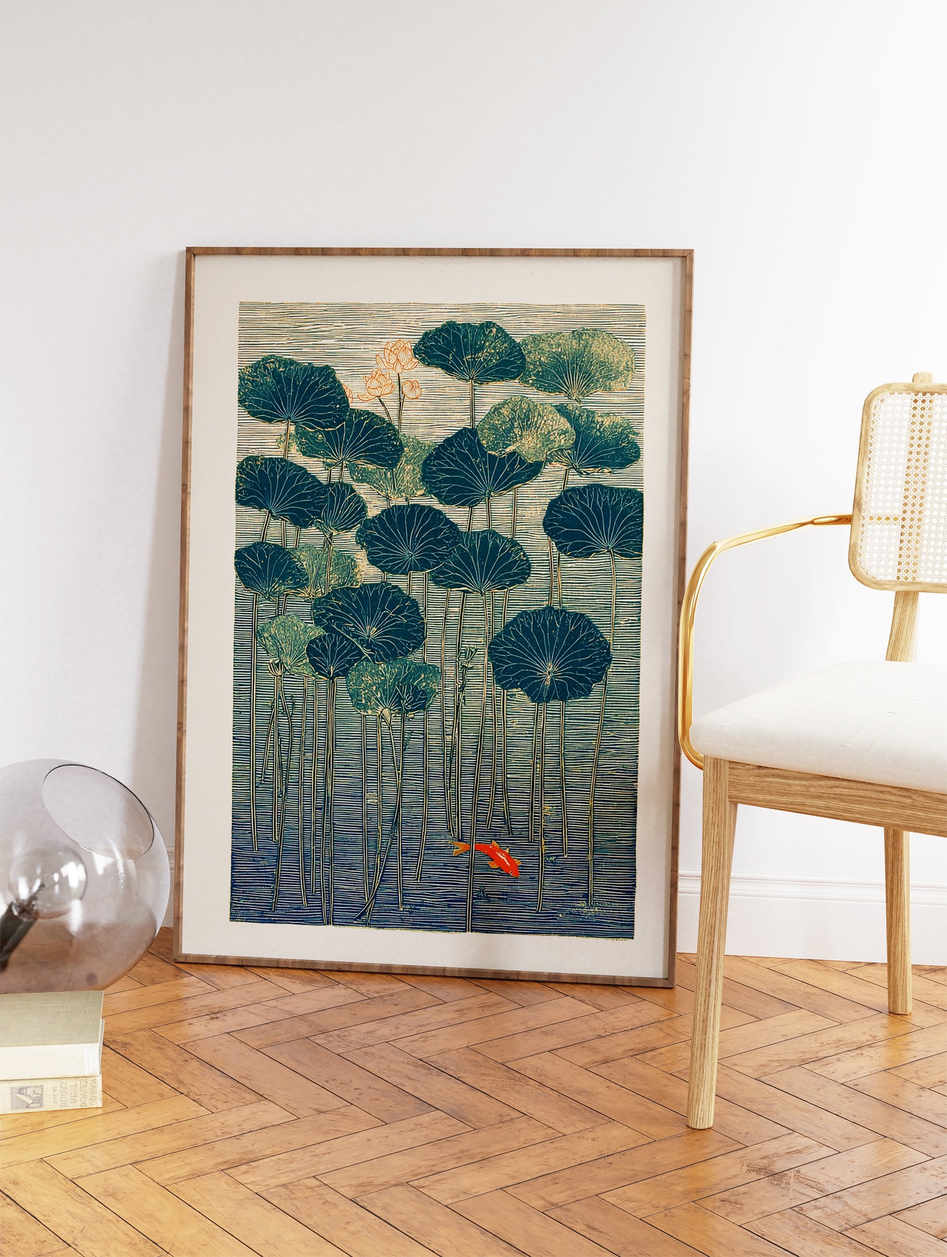 Japanese style lotus pond art print with teal lily pads, orange lotus flowers, and a vivid orange goldfish swimming in blue water. - Image 2