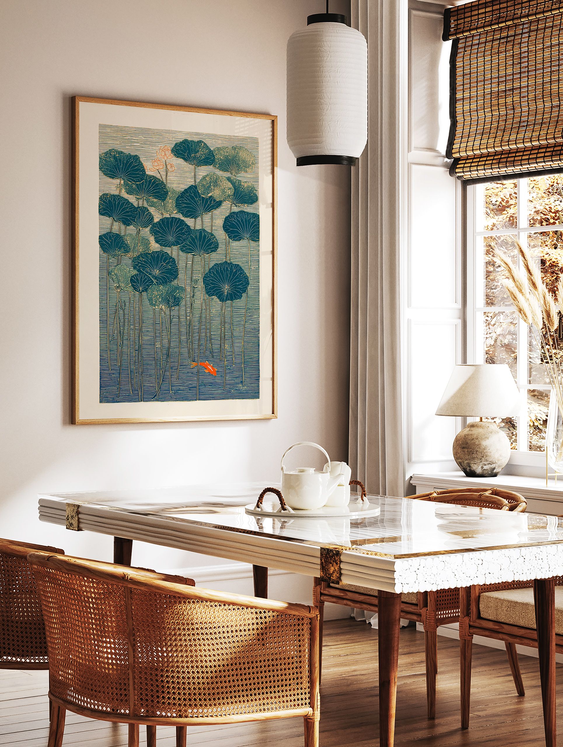 Japanese style lotus pond art print with teal lily pads, orange lotus flowers, and a vivid orange goldfish swimming in blue water. - Image 3