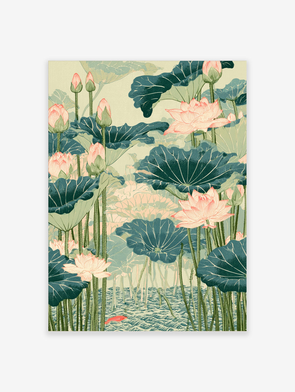 Lotus pond art print with pink blossoms, dark green leaves, and a red fish on a cream background