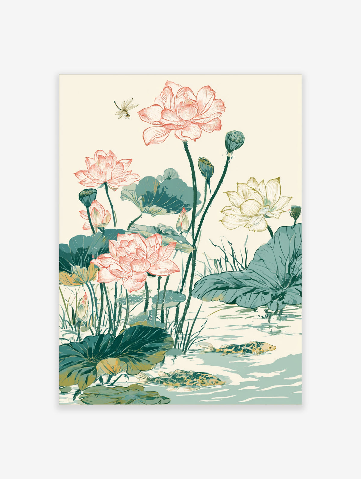 Lotus pond art print with pink and white flowers, green lily pads, koi fish and a dragonfly