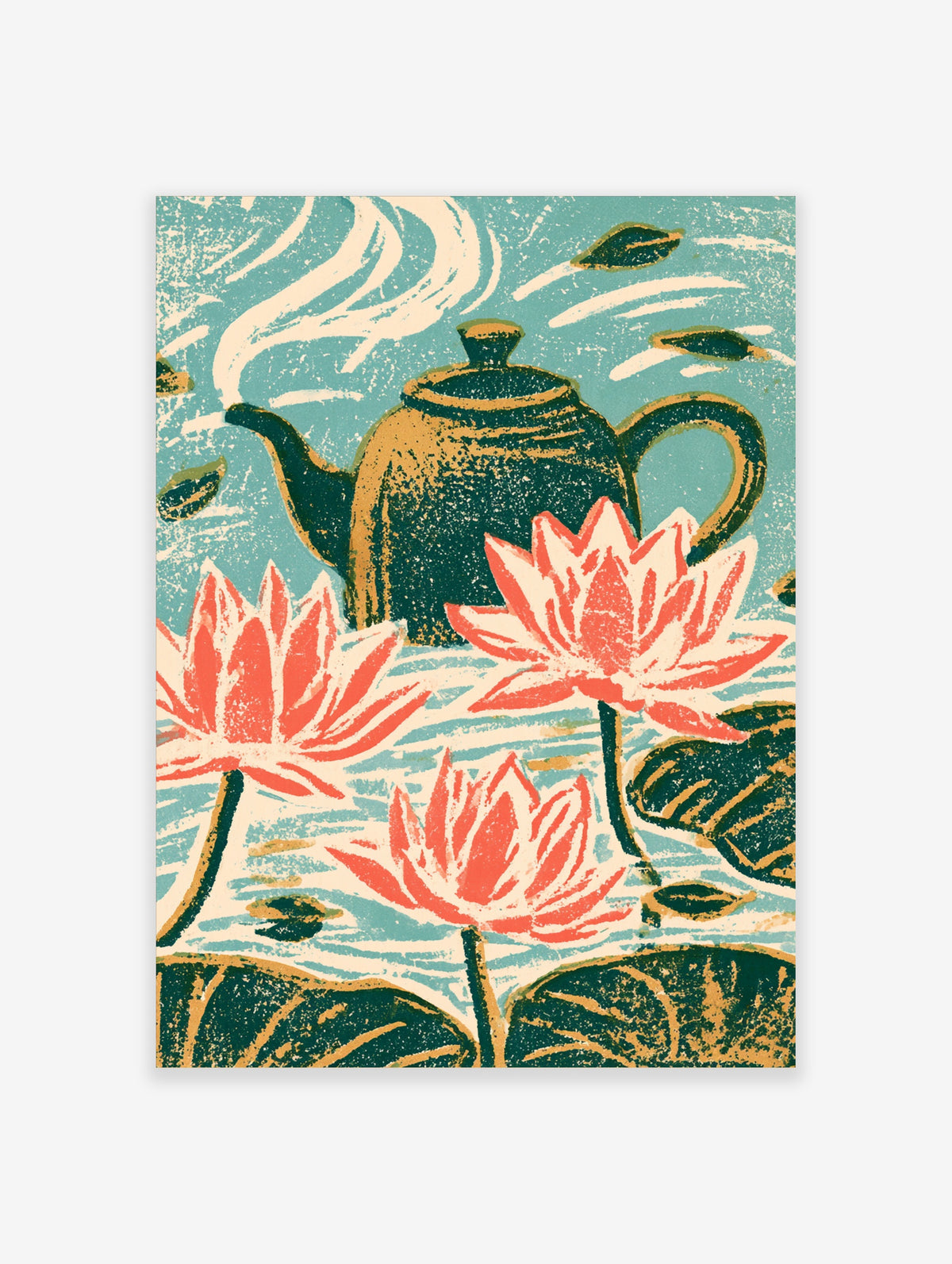 Lotus teapot wall art print with pink flowers and green lily pads on teal water