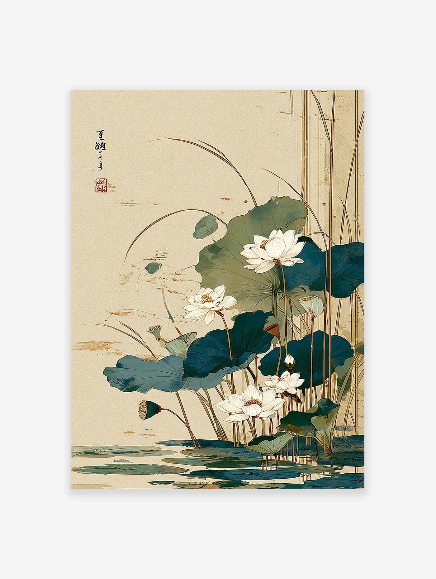 Asian botanical lotus wall art print with white flowers, green leaves, and reeds in a pond, calligraphy, and red seal.