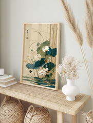 Asian botanical lotus wall art print with white flowers, green leaves, and reeds in a pond, calligraphy, and red seal. - Image 3