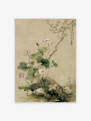 Traditional Chinese lotus wall art painting with pink lotus flowers, green leaves, rocks, and a tree branch.