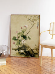 Traditional Chinese lotus wall art painting with pink lotus flowers, green leaves, rocks, and a tree branch. - Image 2
