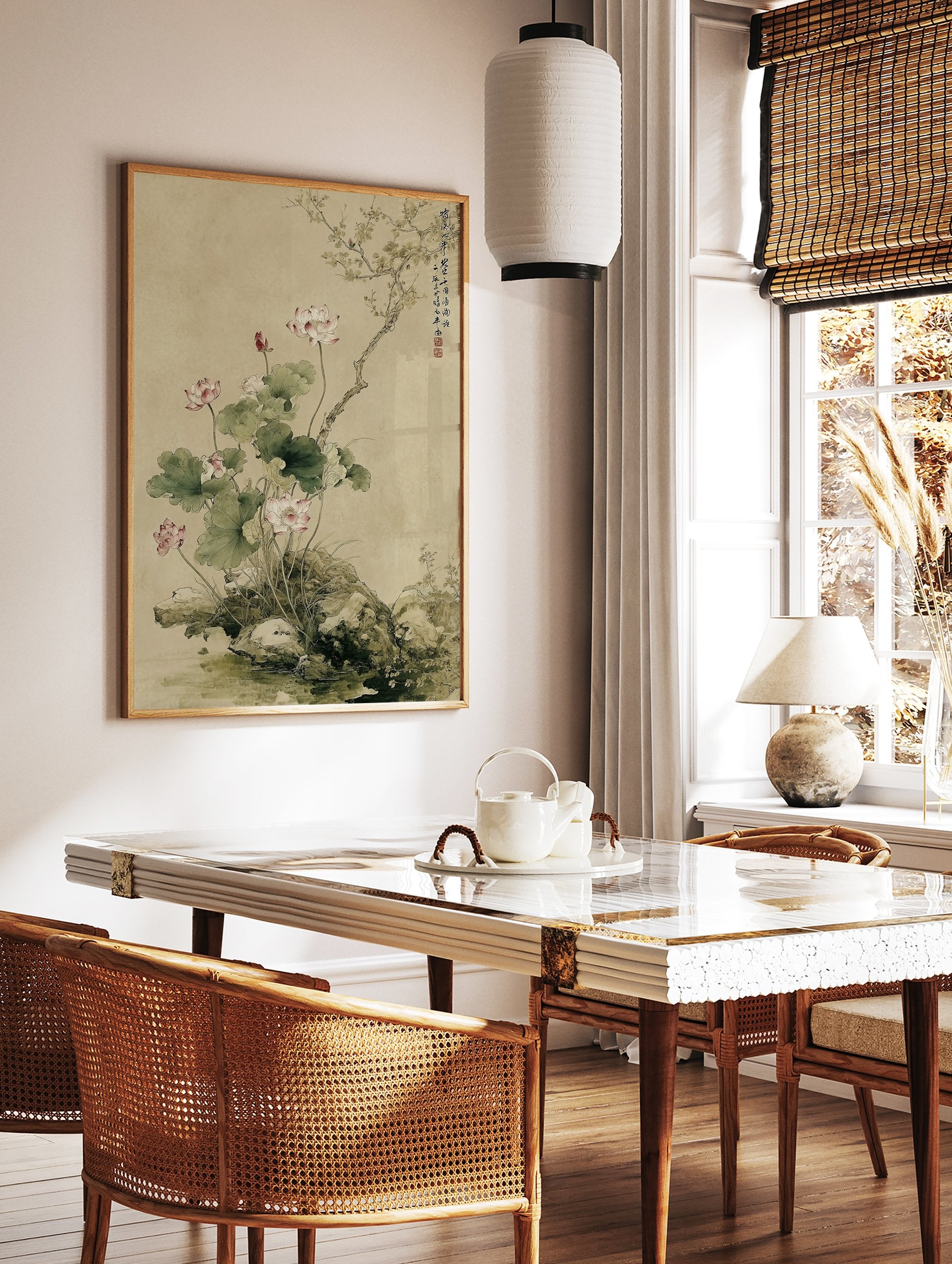 Traditional Chinese lotus wall art painting with pink lotus flowers, green leaves, rocks, and a tree branch. - Image 3