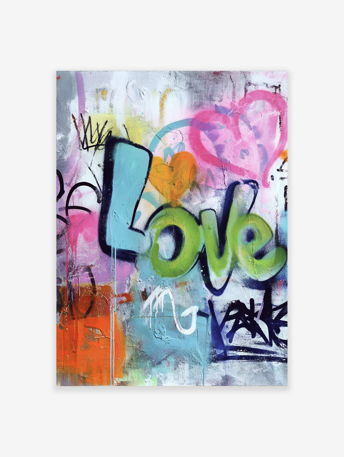 Colourful graffiti wall art print with 'Love' in blue and green bubble letters, an orange heart, and pink, blue, orange