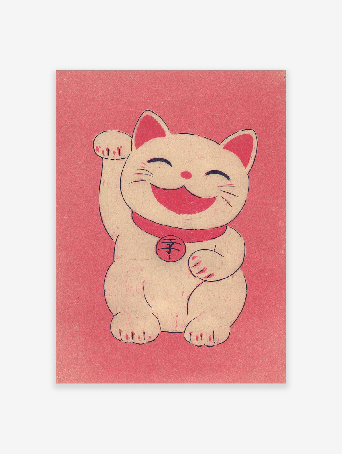 Smiling maneki neko lucky cat with raised paw, red collar and kanji bell on pink background