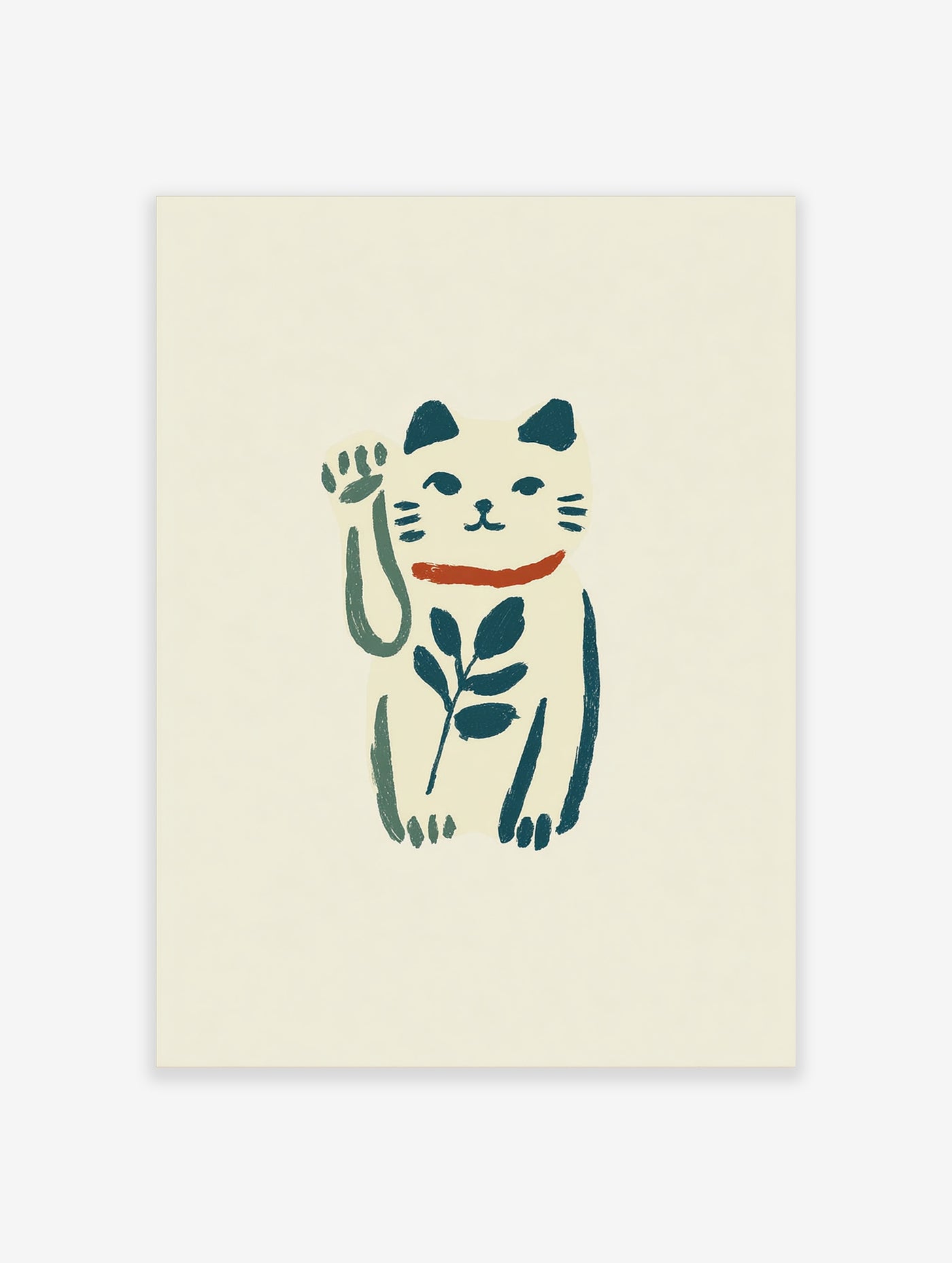 Lucky cat maneki neko illustration with raised paw, red collar, and green leaf on cream background