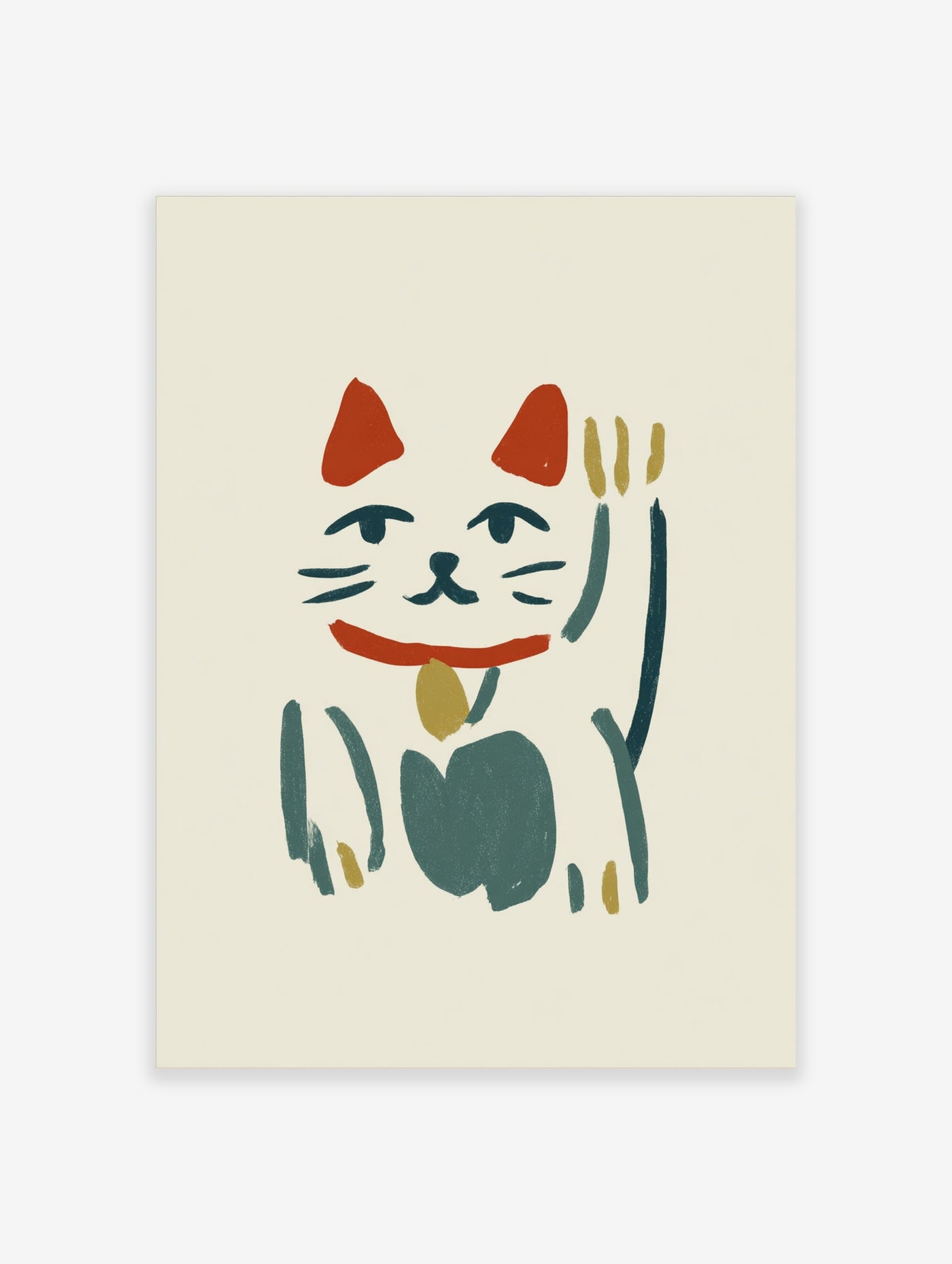 Illustration of a lucky cat with raised paw, red ears, gold bell, and red smile on cream background