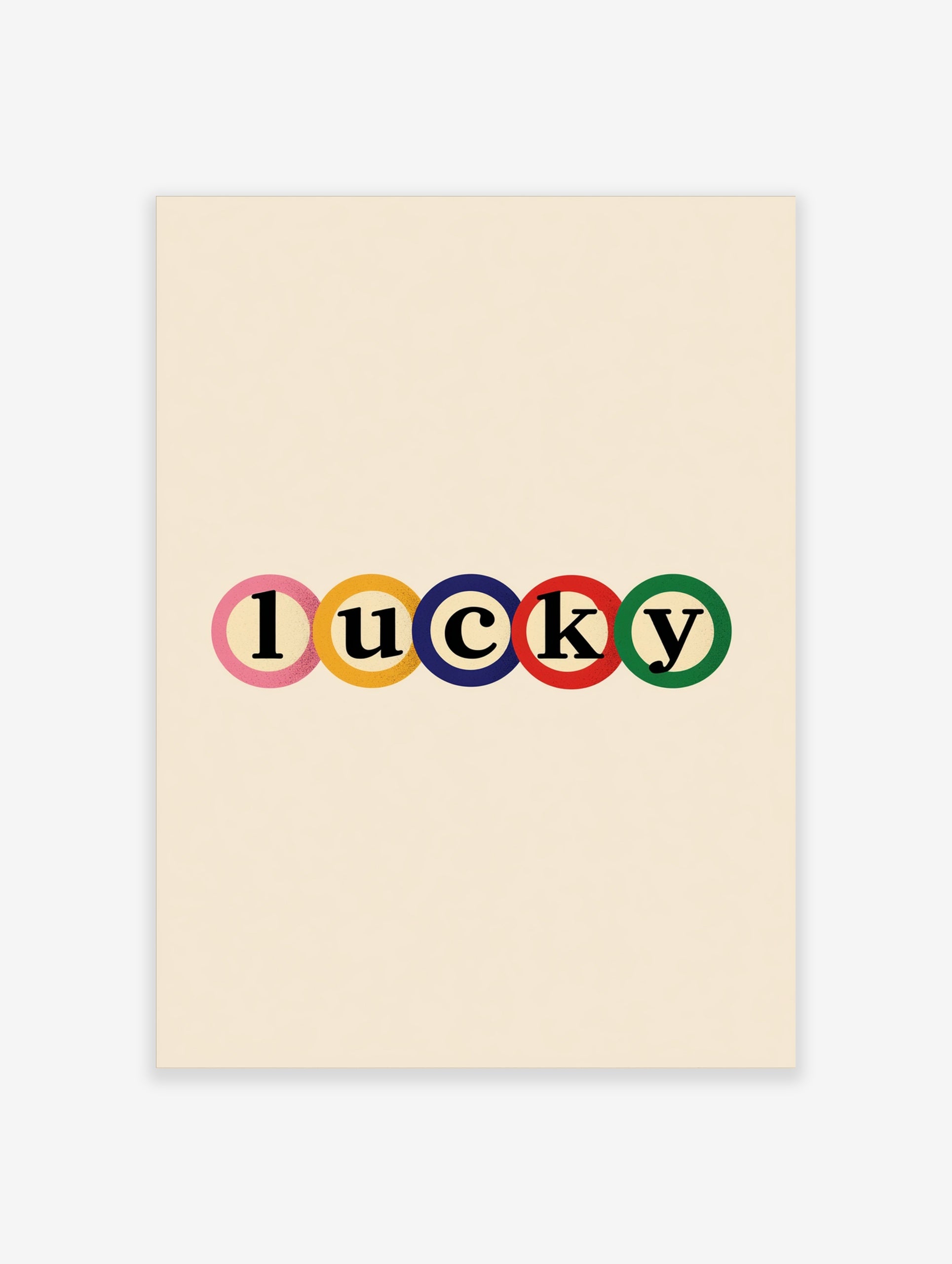 Lucky typography wall art print with colourful letters in circles on a neutral background