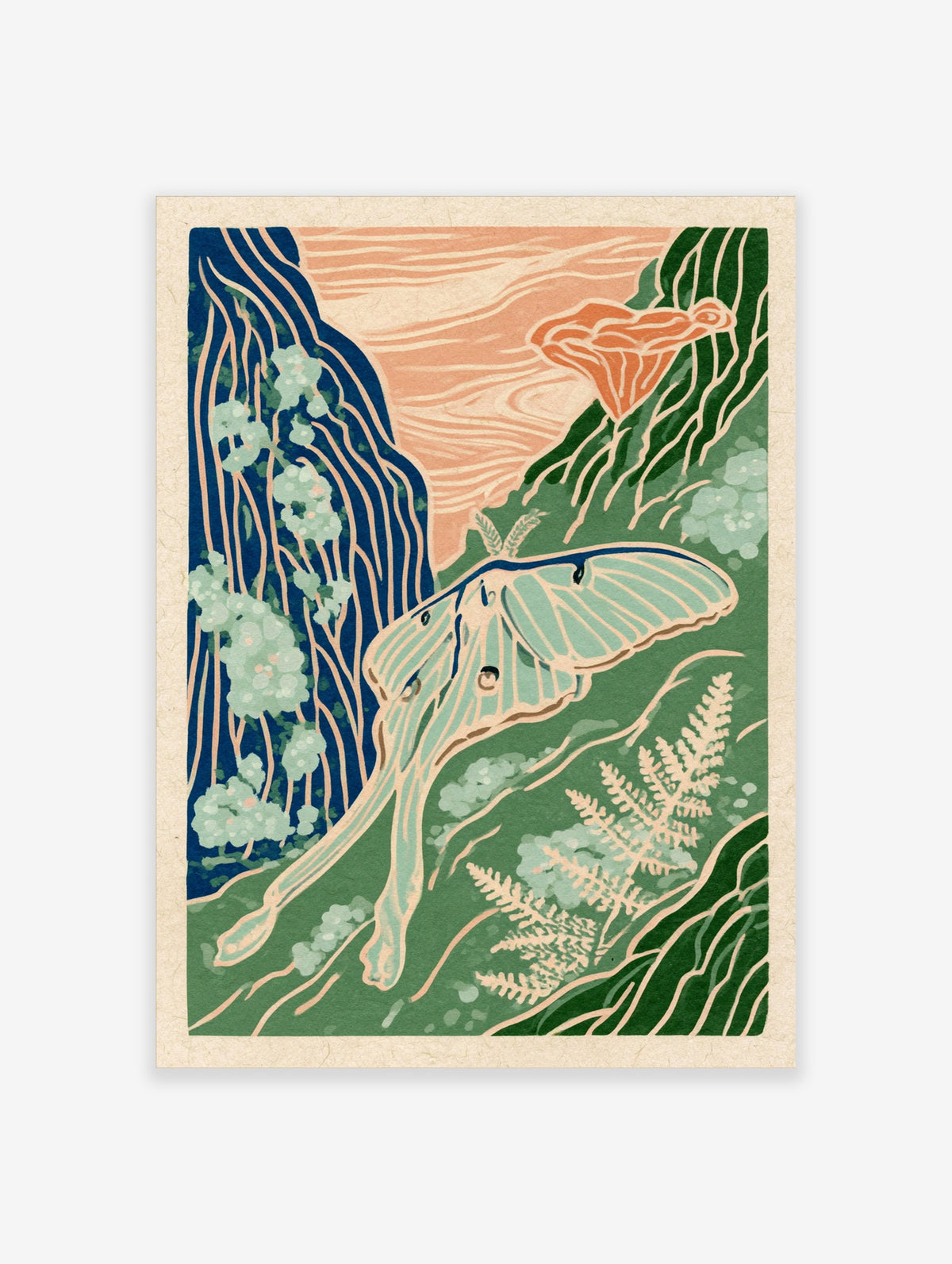 Luna moth art print with pale green wings, blue woodland trees, and peach sky