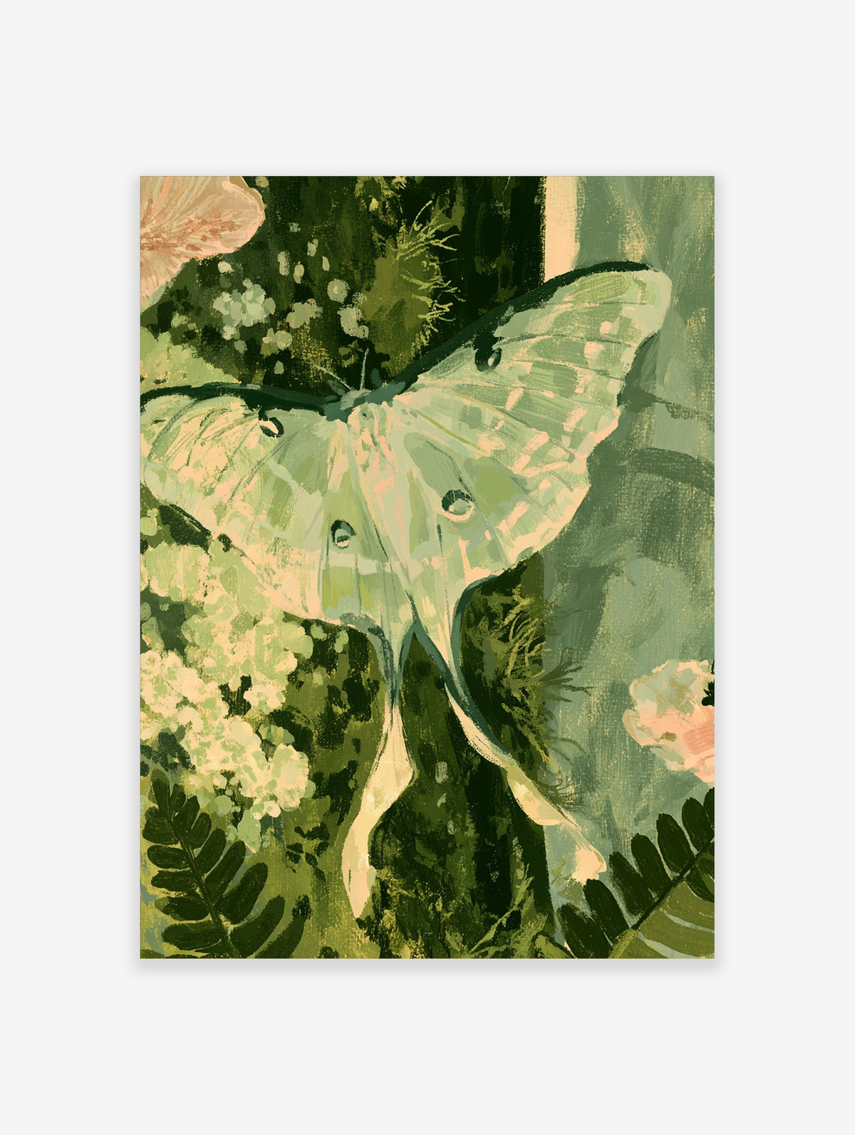 Luna moth art print with pale green wings and pink flowers on dark foliage