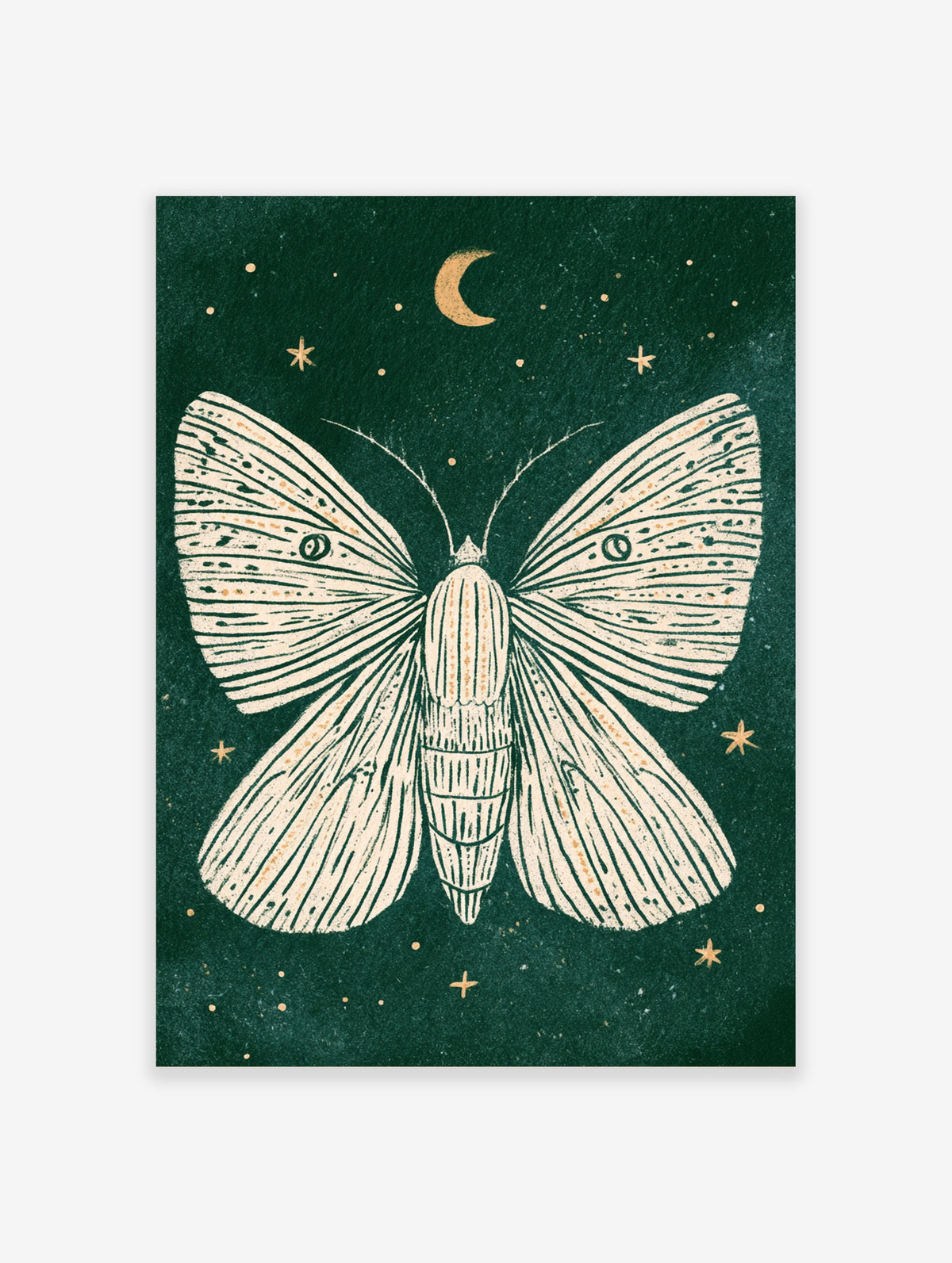 Luna moth art print with cream wings, gold crescent moon, and stars on dark green background