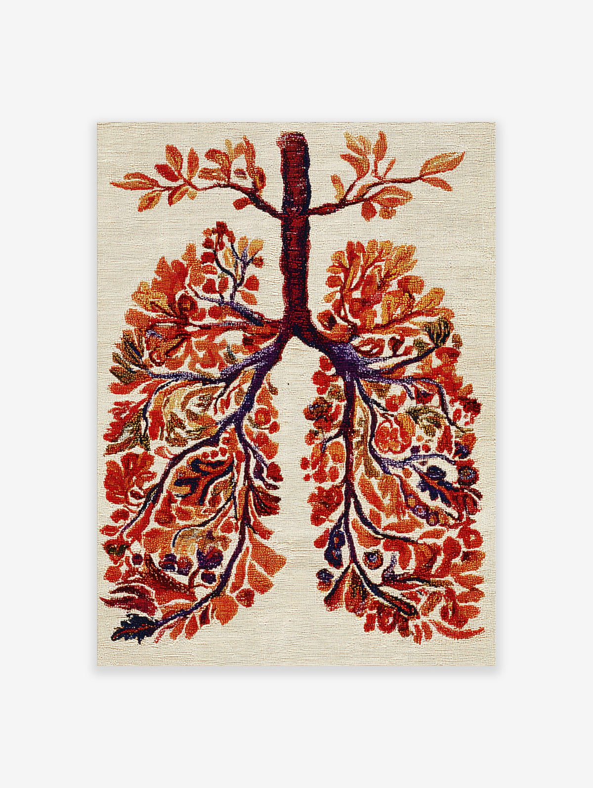 Botanical lung anatomy poster with branching airways and red, orange and purple leaf clusters on cream