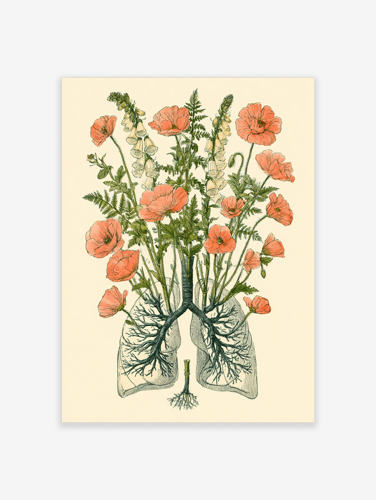 Surreal poster of human lungs made from roots and orange poppies on cream background