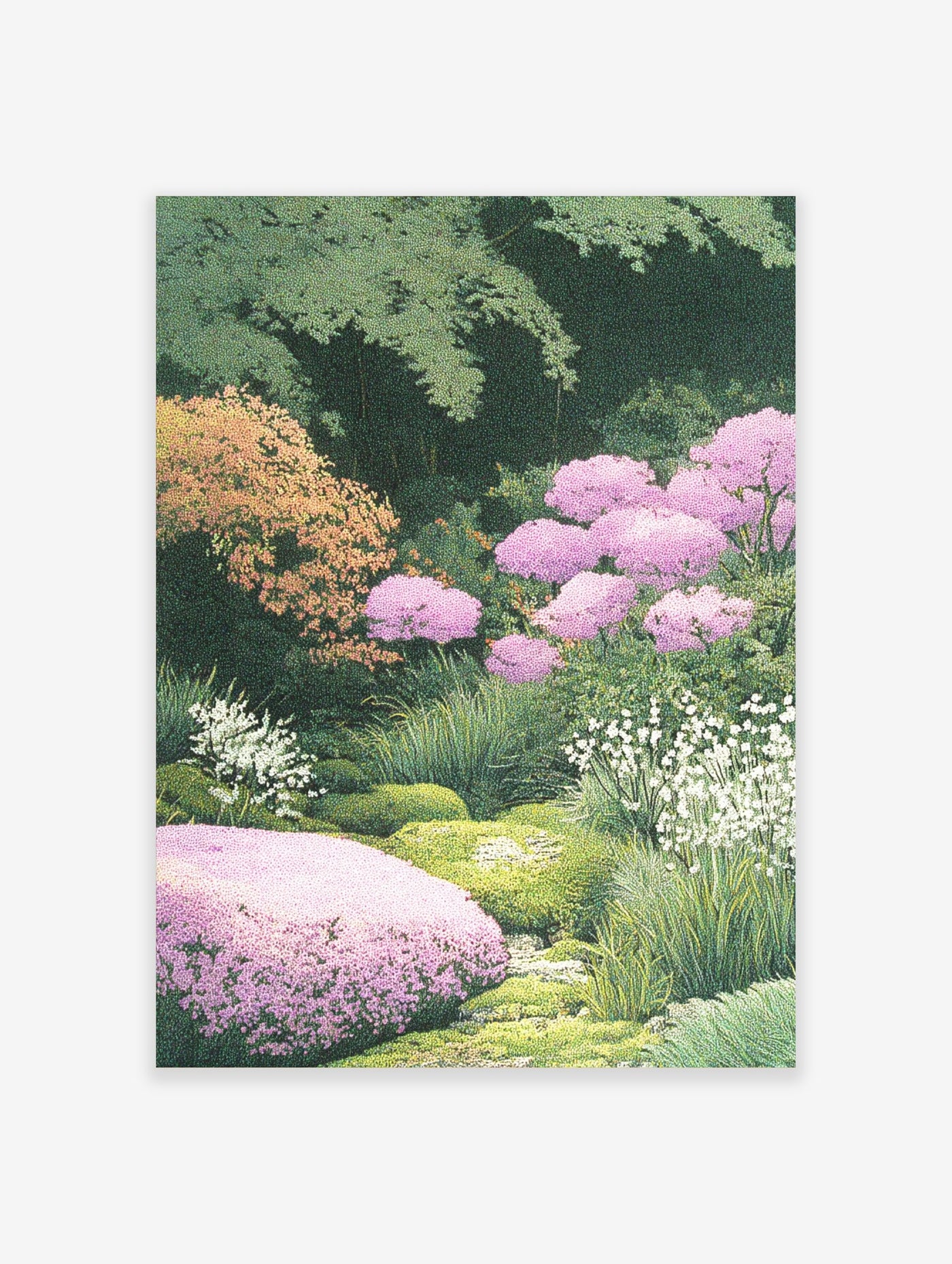 Lush garden scene botanical print with pink flowers, green foliage, and white blossoms in an illustrative style