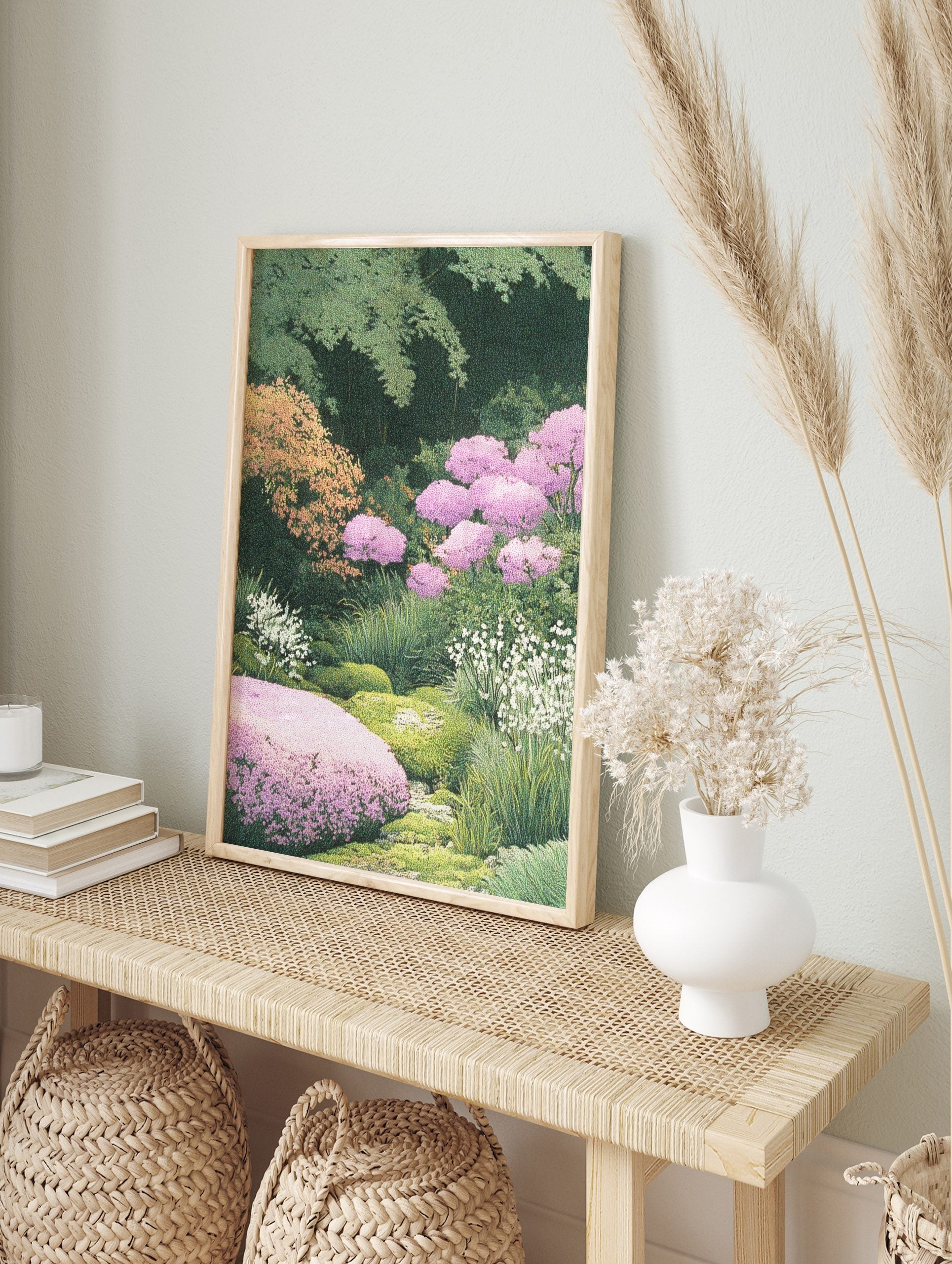Lush garden scene botanical print with pink flowers, green foliage, and white blossoms in an, in an alternate framed mockup