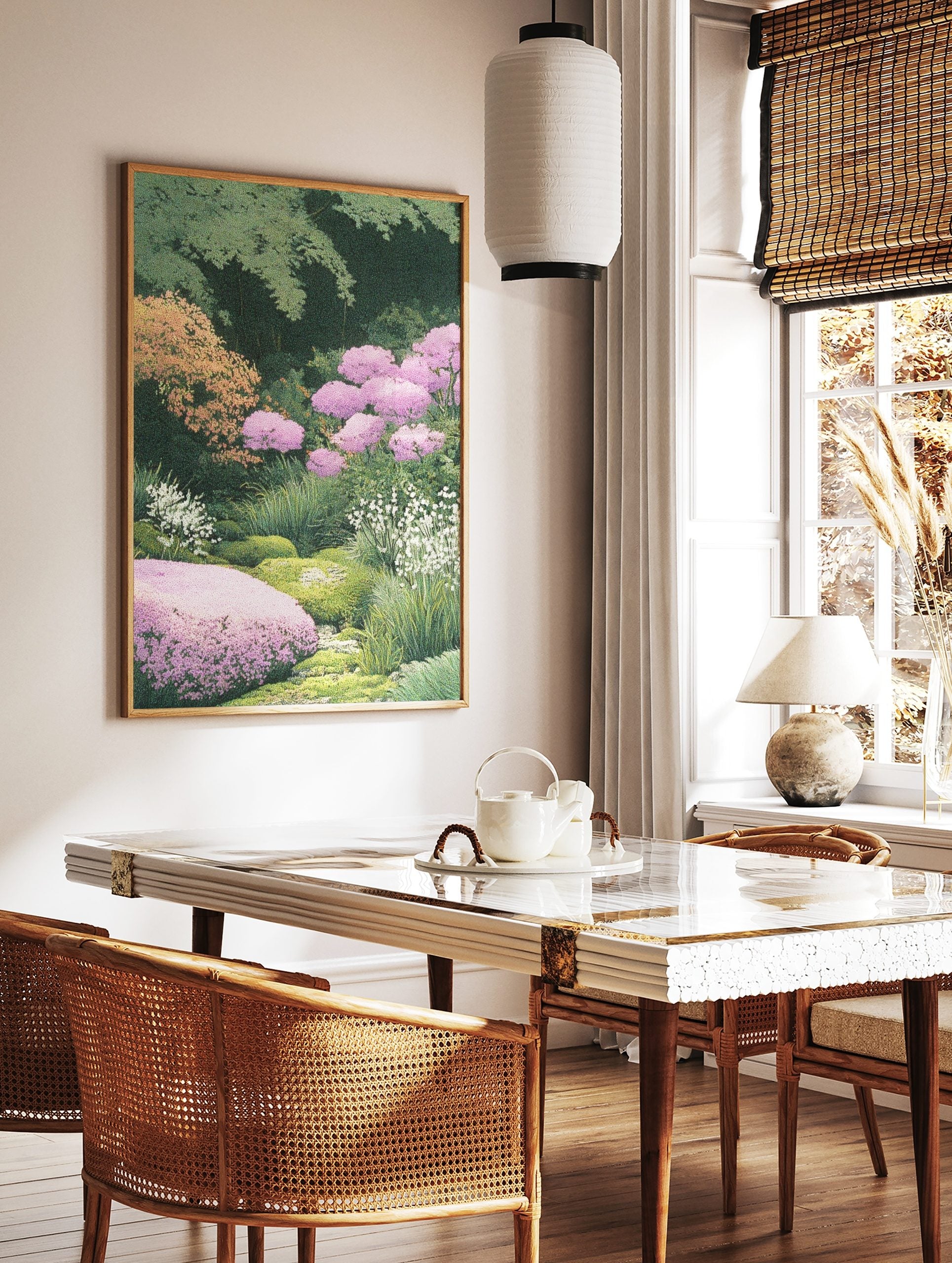 Lush garden scene botanical print with pink flowers, green foliage, and white blossoms in an, in a styled room mockup