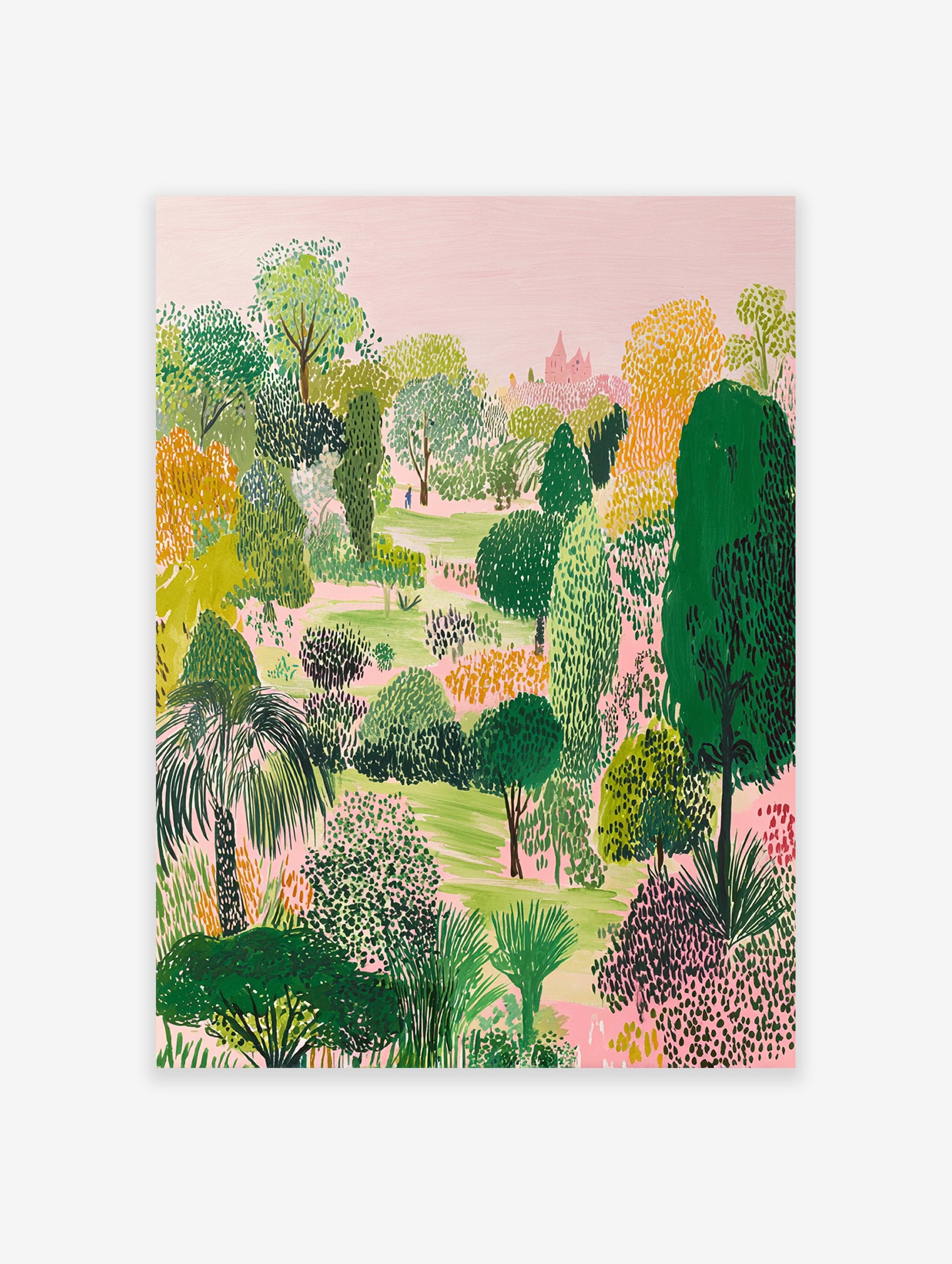 Illustrative lush garden poster with a variety of green, yellow, and pink trees, a pink sky, and a distant pink building.
