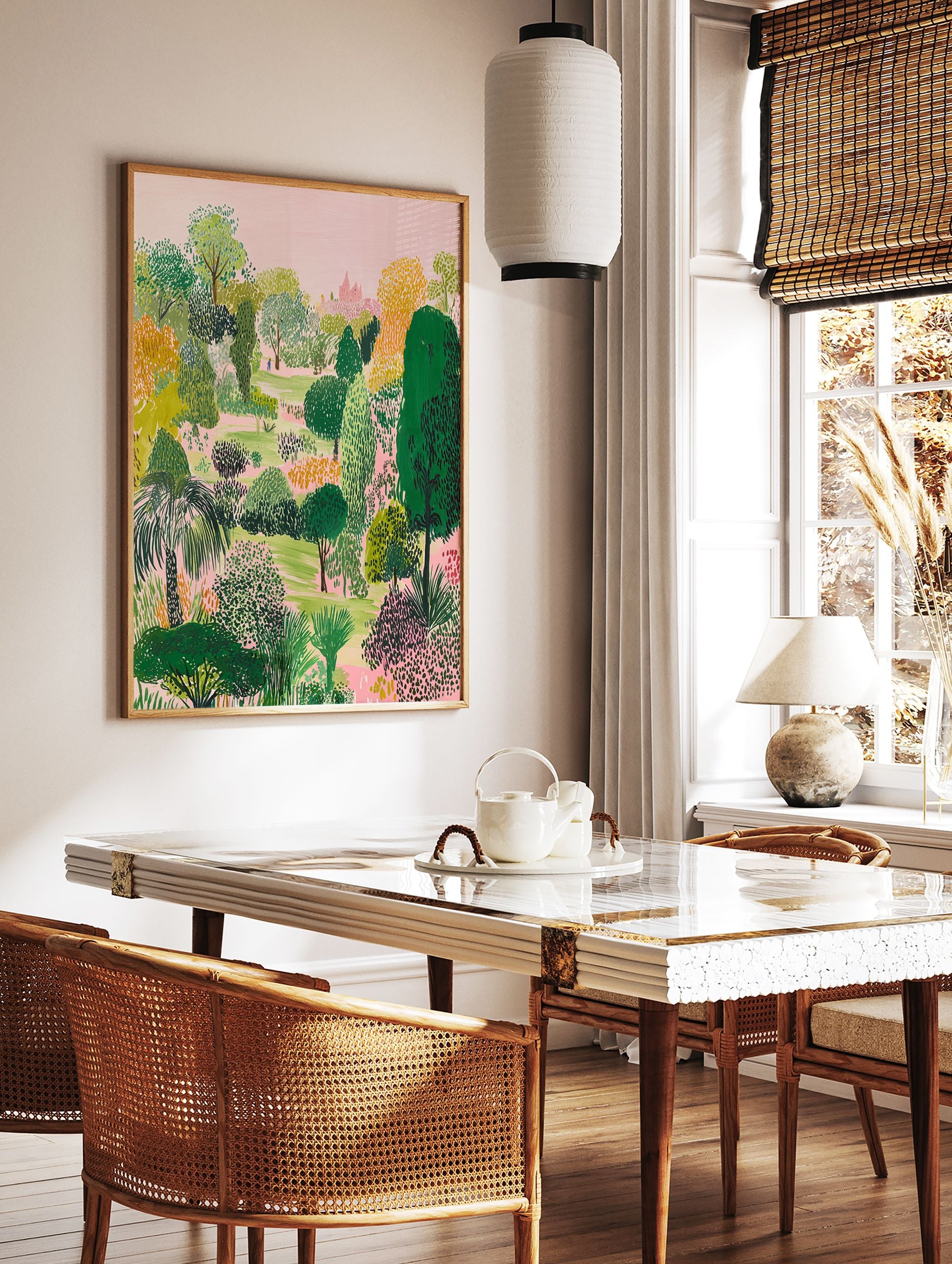 Illustrative lush garden poster with a variety of green, yellow, and pink trees, a pink sky, and a distant pink building. - Image 2
