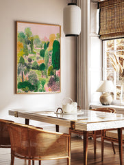 Illustrative lush garden poster with a variety of green, yellow, and pink trees, a pink sky, and a distant pink building. - Image 2