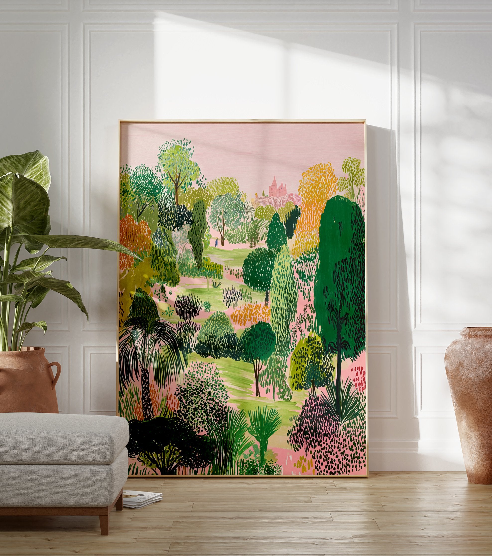 Illustrative lush garden poster with a variety of green, yellow, and pink trees, a pink sky, and a distant pink building. - Image 3