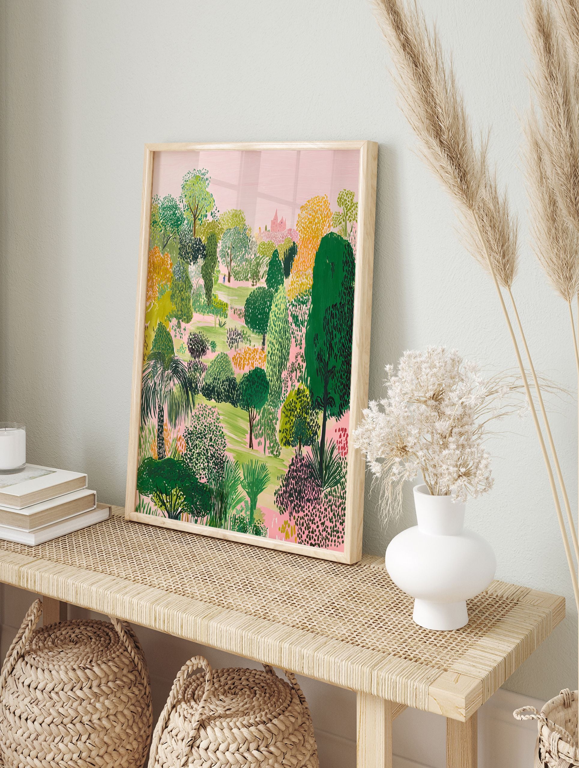 Illustrative lush garden poster with a variety of green, yellow, and pink trees, a pink sky, and a distant pink building. - Image 4