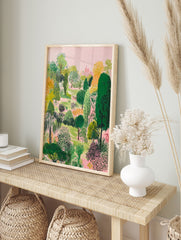 Illustrative lush garden poster with a variety of green, yellow, and pink trees, a pink sky, and a distant pink building. - Image 4