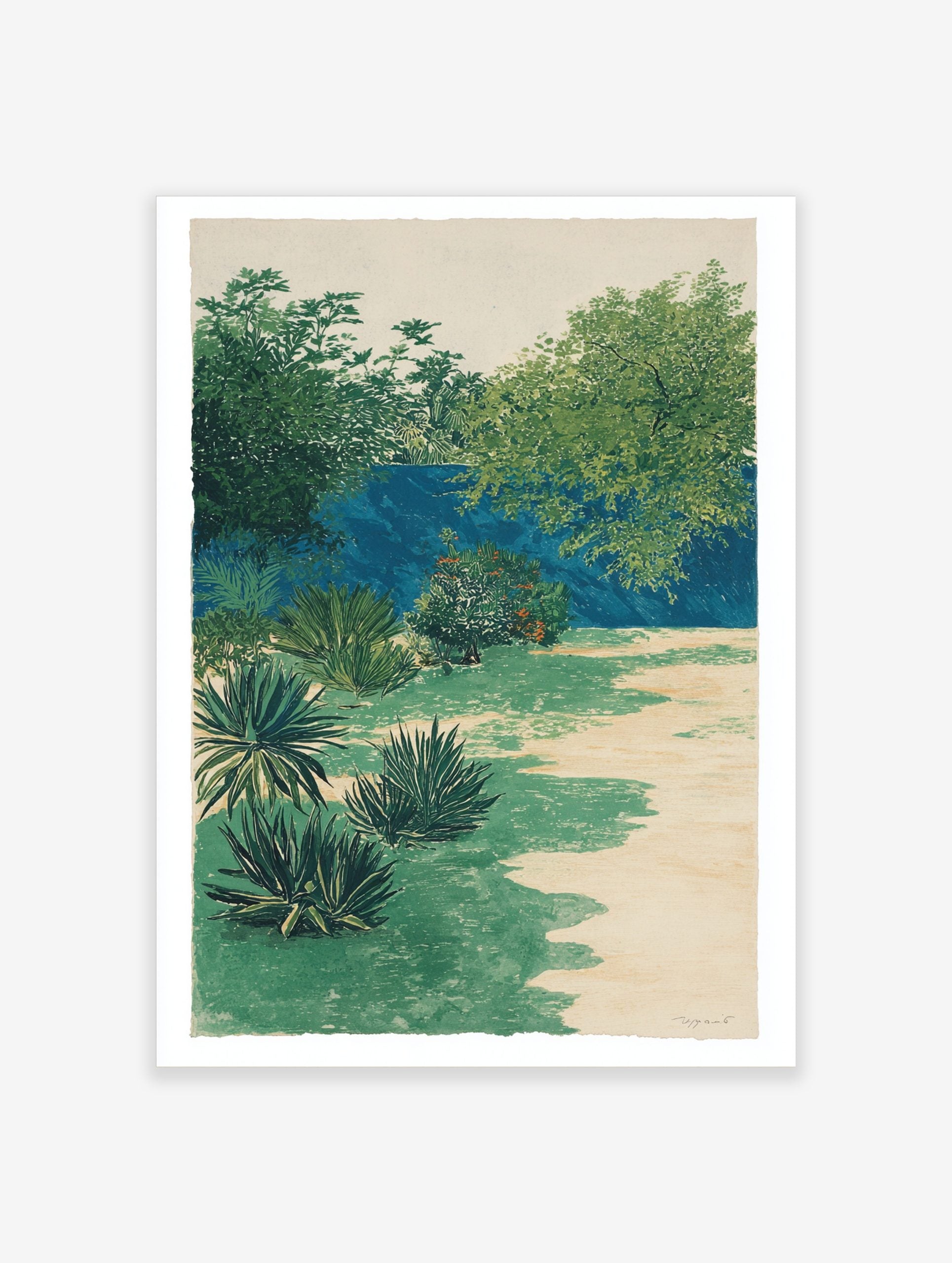 Lush tropical garden print with green foliage, agave plants, and a deep blue background