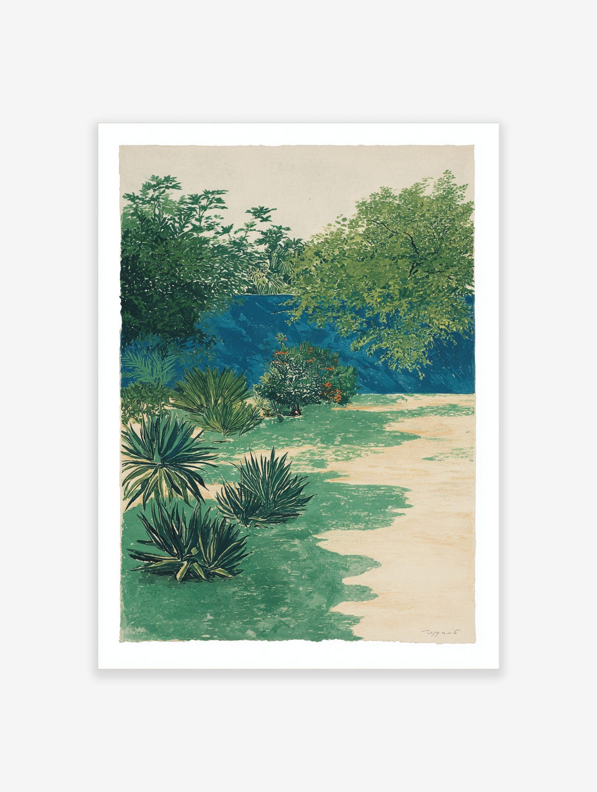 Lush tropical garden wall art print with green foliage, spiky plants, blue wall, and light path