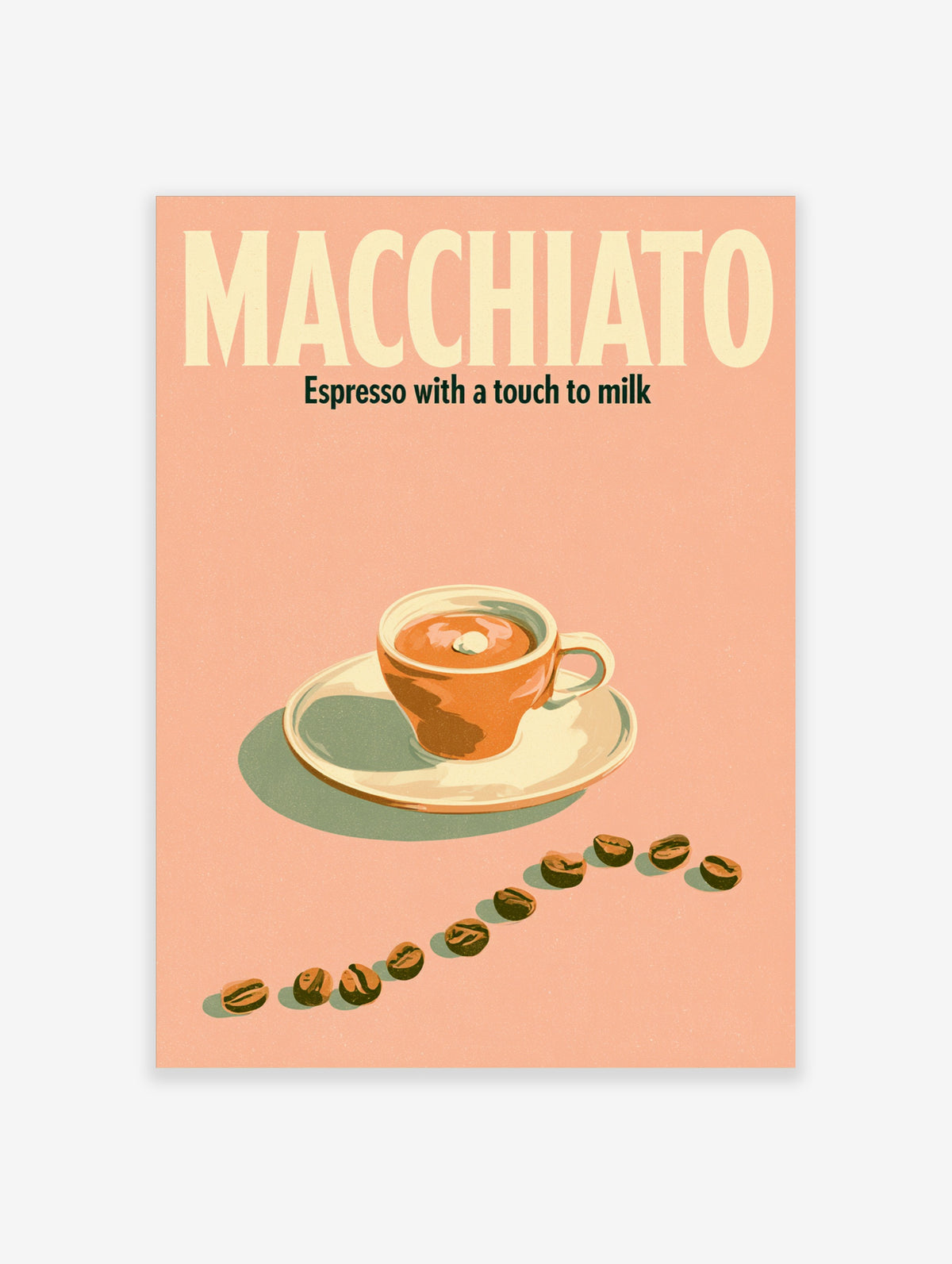 Macchiato coffee poster with cream typography, orange espresso cup and scattered beans on peach background