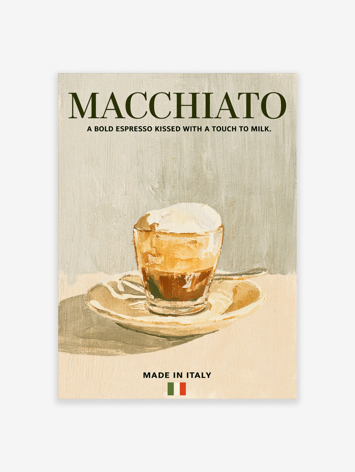 Macchiato coffee poster with painted espresso glass, saucer, and bold green typography on beige background
