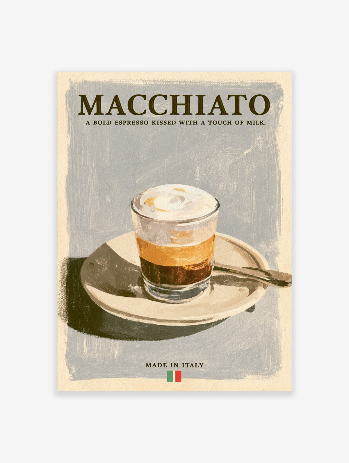 Macchiato coffee poster with bold serif typography and a painted glass of layered espresso on a saucer