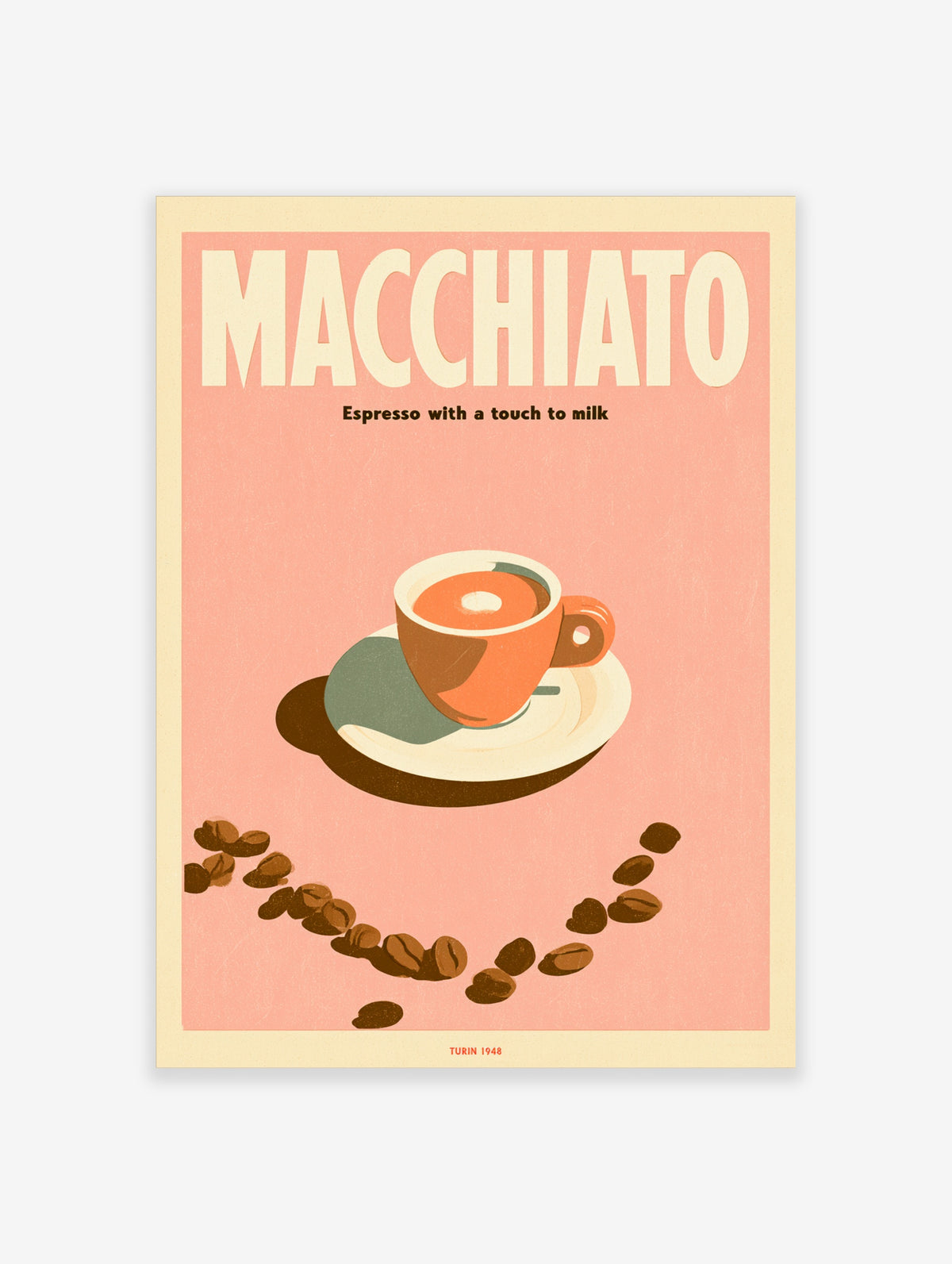 Macchiato espresso poster with orange cup, saucer, coffee beans and cream typography on pink background