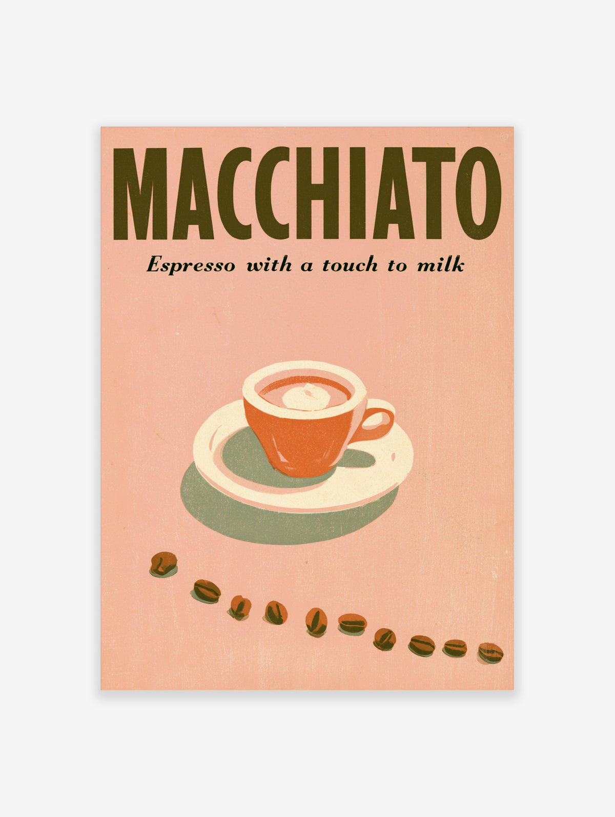 Macchiato espresso poster with bold brown text, orange cup on saucer and coffee beans on pink background